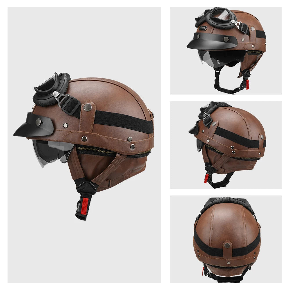 Motorcycle Half Helmet Leather Vintage Helmet Four Seasons General Safety Helmet Anti Fall And Sun Cap Moto Open Face Helmet