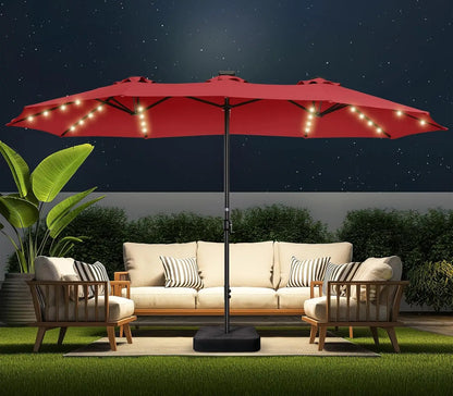 Double Sided Patio Umbrellas - 15ft Solar Lights LED Lighted Outdoor Extra Large Market Table Umbrella with Base, Customized