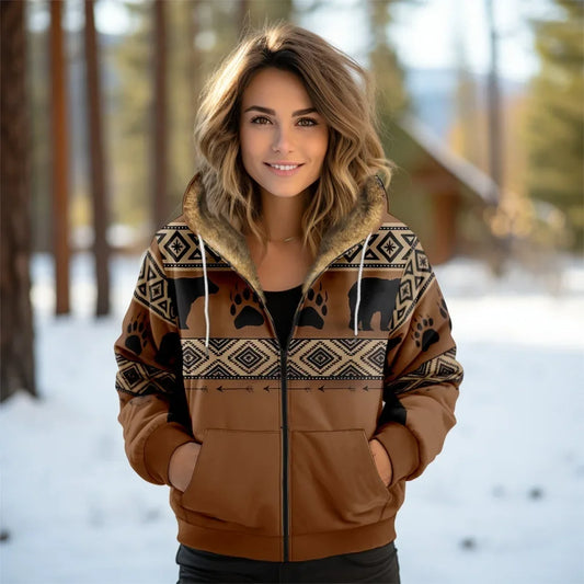 Women Coats Jackets Cardigans Aztecs Bears Graphics Printed Outdoors Fleece Winter Warm Casual Streetwear Female Clothing