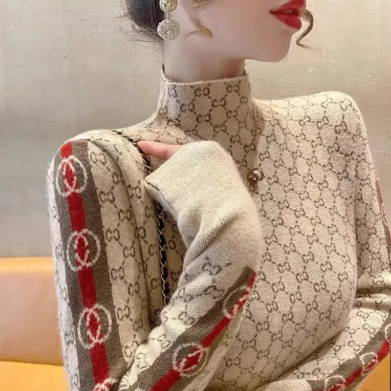 Autumn Winter Vintage All-match Slim Mock Neck Sweaters Women Clothing Elegant Chic Long Sleeve Knit Pullovers Lady Fashion Top