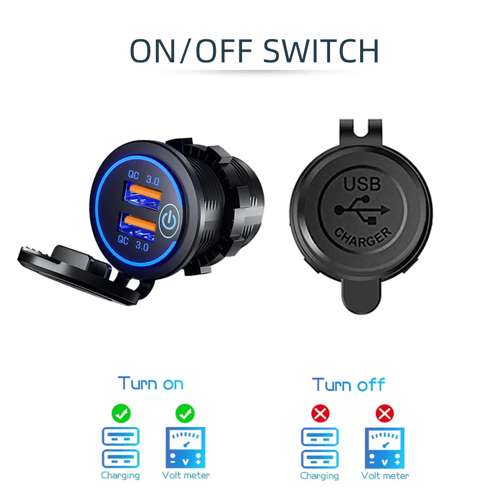 60W 2-port USB Fast Charging Socket Power Outlet Car Modified Charger QC3.0 With Touch Switch for Auto Motorcycle Accessories