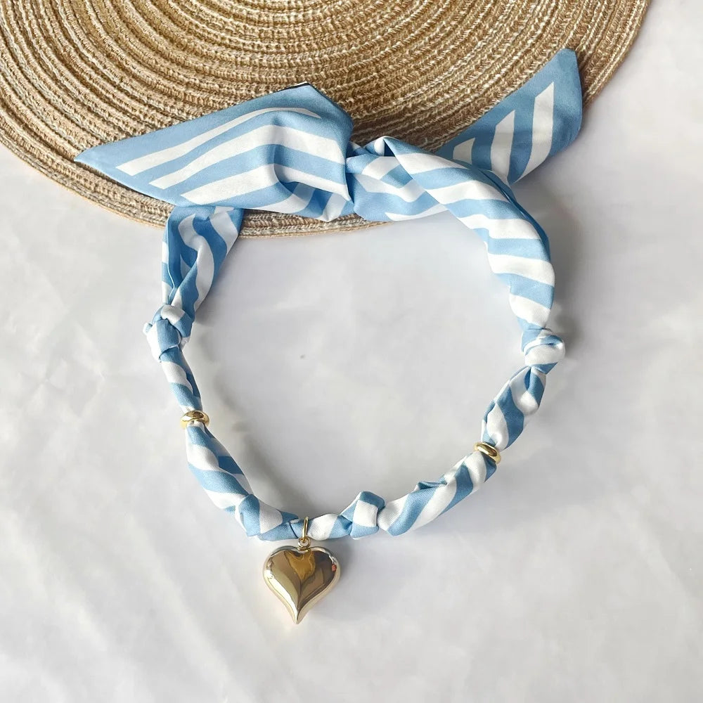 Women’s Fashion Scarf Necklace with Large Stainless Steel Heart Pendant Stackable Bandana Jewelry