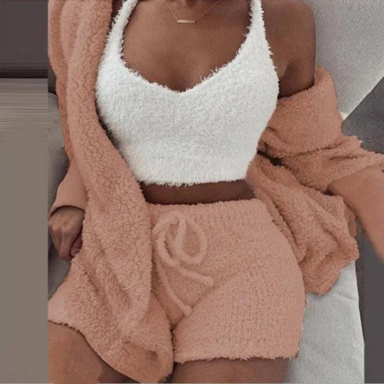 2026 New Women's Velvet Pajamas Set Sexy Crop Top+Shorts+Coat 3 Pieces Suit Sleepwear Casual Soft Clothes Homewear Pyjamas S-3XL