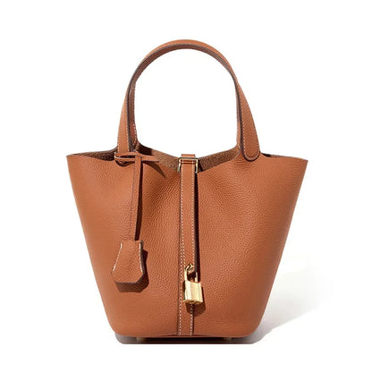Genuine Leather Shoulder Bucket Bag Women Litchi Pattern Mini Basket Tote Soft Handbag Mommy Bride Wedding Bags with Lock