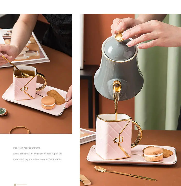 Handbag-Shaped Creative Mug With Saucer & Spoon Nordic Ceramic Milk Tea  Office Cups Drinkware  Coffee Cup Sets Gift
