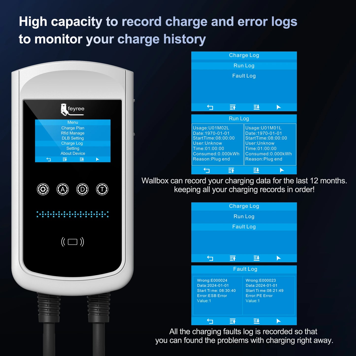 feyree Type2 32A 7kW 1P DLB EV Charger 4.3inch Screen Dynamic Load Balancing 11kW 22kW 3P EVSE Wallbox Station with Charging LOG