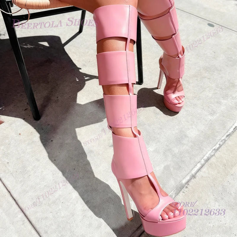 Black Wide Square Leather Plaid Sandals Boots Women Platform Heels Hollow Stiletto Back Zipper Stripes Summer Knee Wrapped Shoes