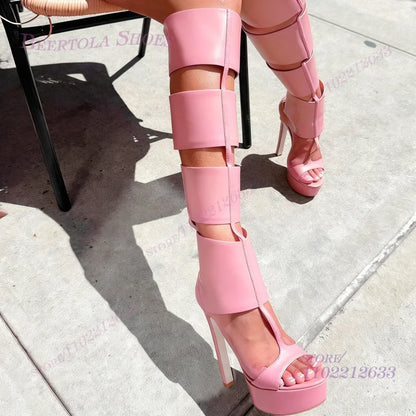 Black Wide Square Leather Plaid Sandals Boots Women Platform Heels Hollow Stiletto Back Zipper Stripes Summer Knee Wrapped Shoes