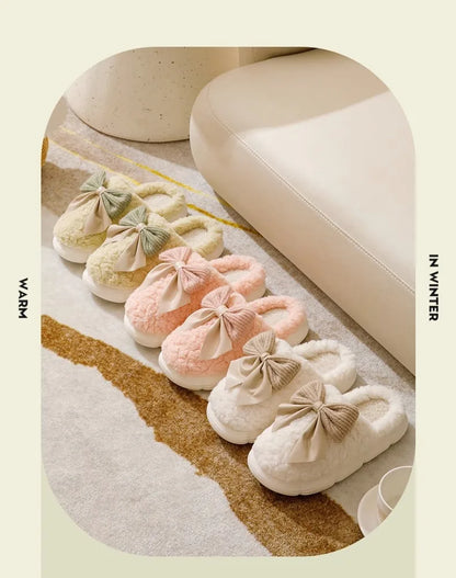 Thick Soled Non Slip Home Plush Slippers 2025 New Cotton Slippers for Women Bow Slippers for Autumn and Winter Warm for Women