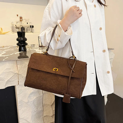 Luxury Brand Women Messenger Bags Soft Leather Brown Suede Hand Held Totes Gold Buckle Women Shoulder Bags Lady Trend Satchel