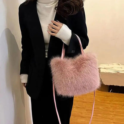 Fahion Faux Fur Tote Bag Women's Bucket Plush Luxury Design Ladies Handbags Winter Crossbody Shoulder Bags