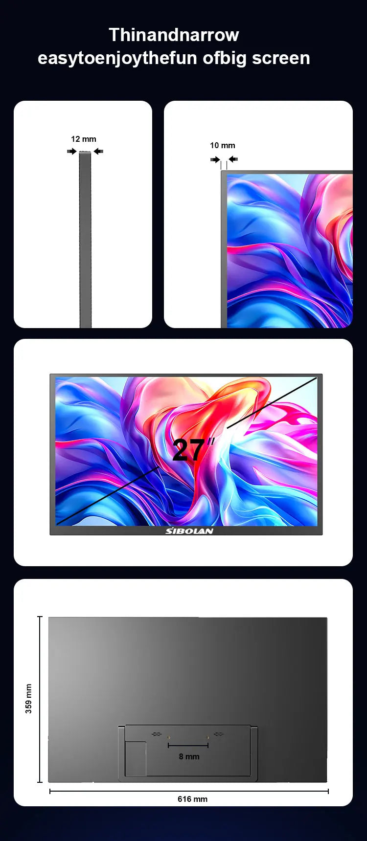 Sibolan 27 inch 2.5K Portable Monitor 165Hz 72% sRGB HDMI USB-C Plug Built-in Mount Laptop Display Extender For Windows Mac