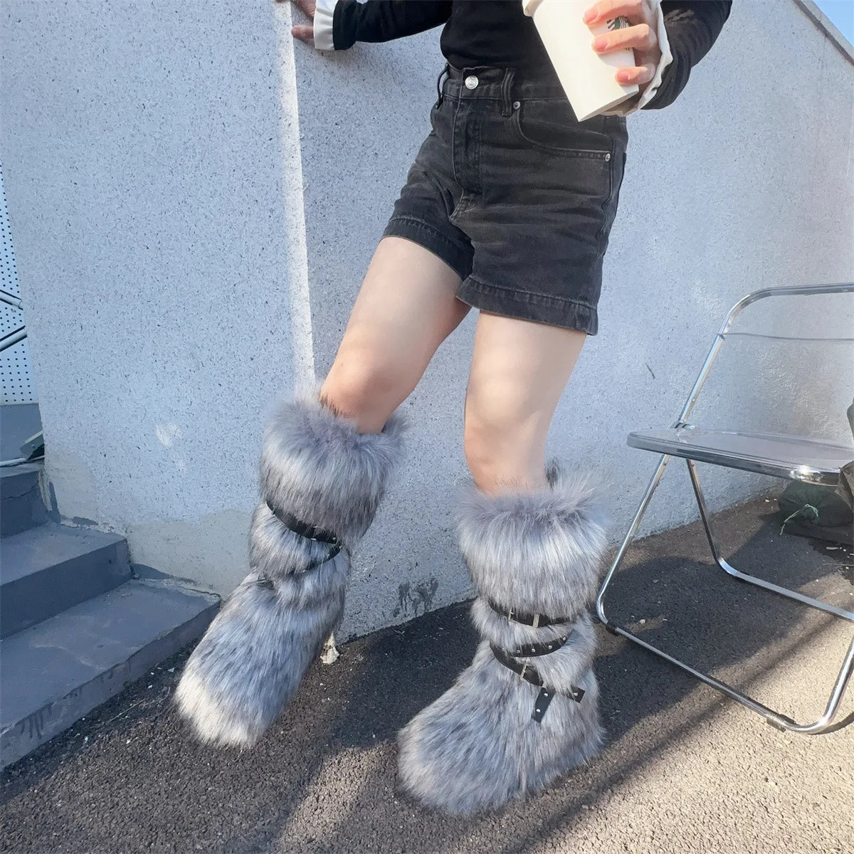 Faux Fur Knee-High Boot Round Toe Height Increasing Wild Winter Warmer Belt Buckle Slip-On Fashion Luxury Sexy Women Shoe Newest