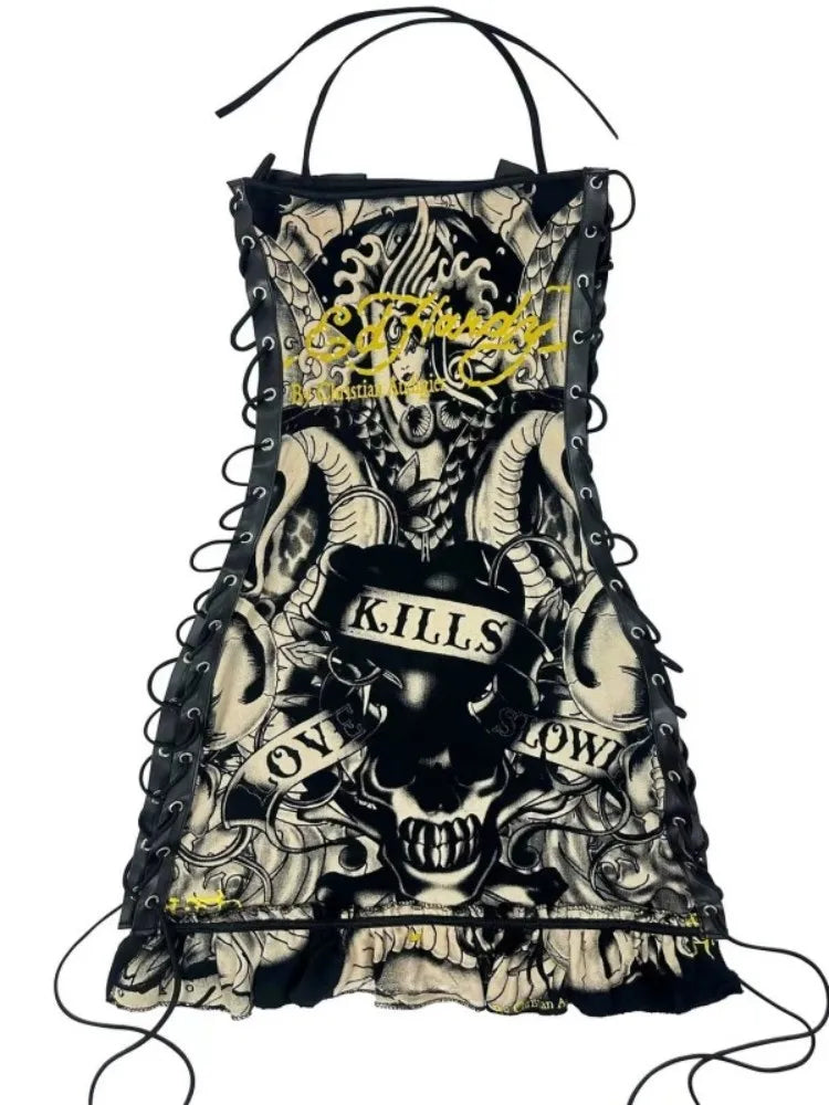 Joskaa Halter Printed Y2k Line Up Wacky Contrast Dress Women Gothic Party Sexy Hollow Bandage Halloween Makeup Dresses Outwear