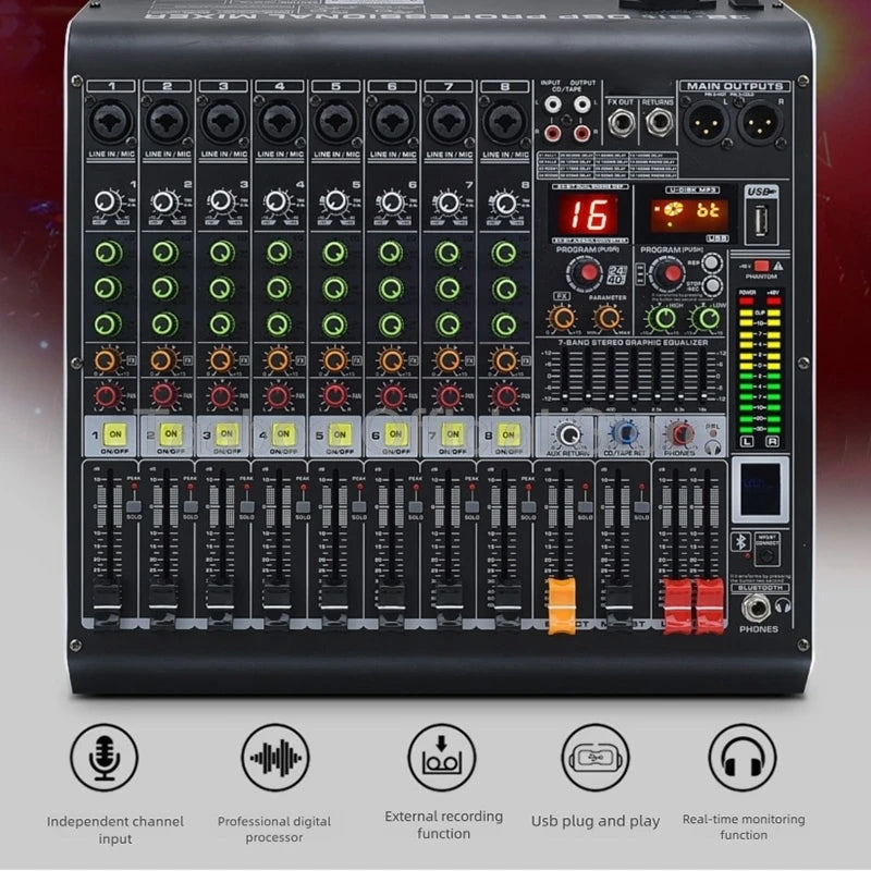 4/6/8/12 Channel Audio Mixer 5.0 Bluetooth 48V Phantom Power DSP Mixing Console 7 Band EQ Sound Box XLR/USB/TRS For Karaoke DJ