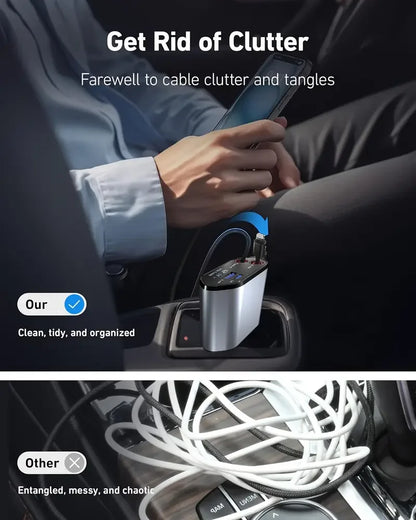 4 in 1 120W Car Charger Retractable Car Cigarette Lighter Adapter USB Type C Fast Charger Cable for IPhone Xiaomi POCO Samsung