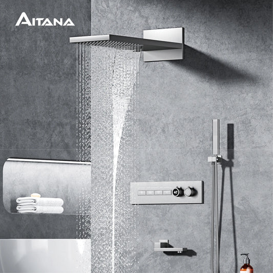 Luxury  black brass shower system wall-mounted LED digital display design Cold & hot dual-control 4-function ceiling shower Tap
