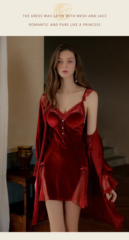 REBEYULI Sexy Sleepwear Women Deep V Solid Lace Velvet Mini Dress with Chest Pad Sweet Fly Sleeves Casual Robe Gown Set Women