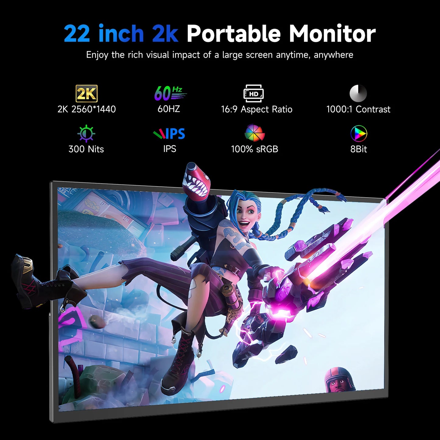 EVICIV 22" 2K Portable Monitor 2560*1440P 100%DCI-P3 QLED External Screen For Loptop Phone With HDMI Computer Display Extension