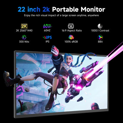EVICIV 22" 2K Portable Monitor 2560*1440P 100%DCI-P3 QLED External Screen For Loptop Phone With HDMI Computer Display Extension