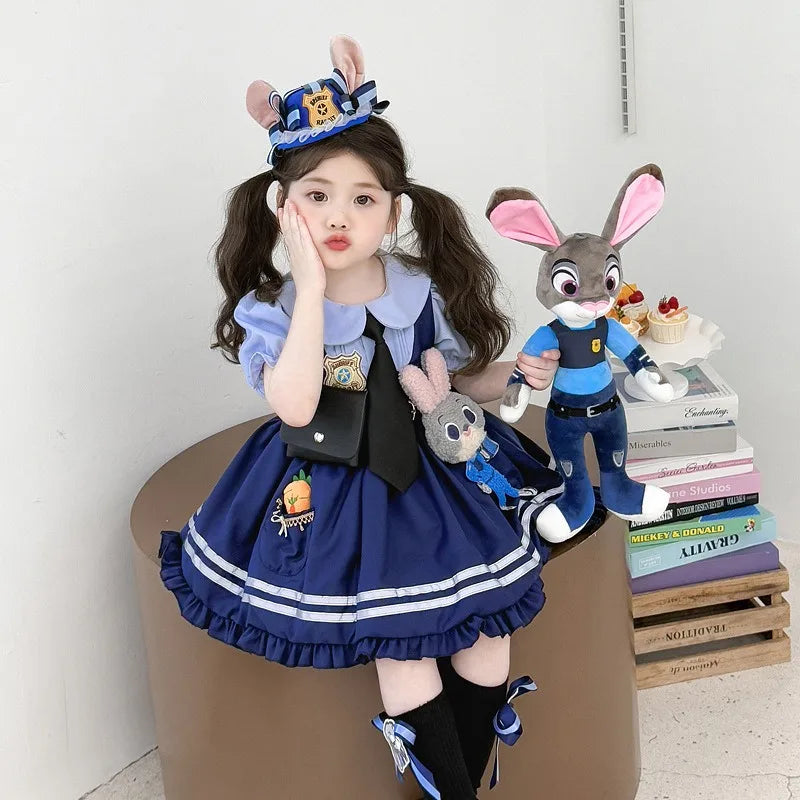 Girl Cosplay Judy Hopps Police Officer Dress Ear Sheriff Hat Bunny Costume Kids Dress Up Halloween Rabbit Disguise Dress Outfits