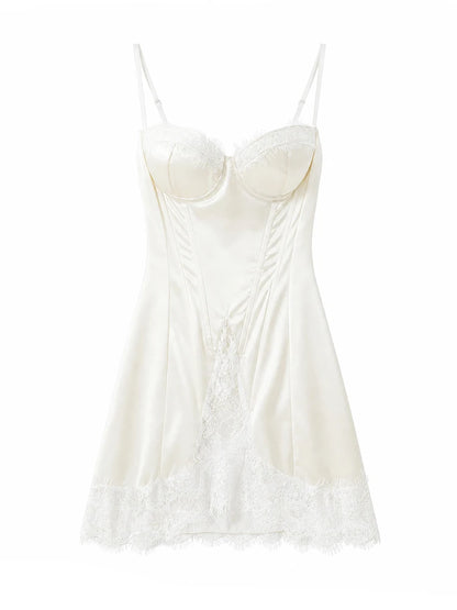 Women White Lace Trim Corset Mini Dress Sexy Sweetheart Neck Spaghetti Strap Slit Hem 2026 Summer Leisure Nightclub Party Wear