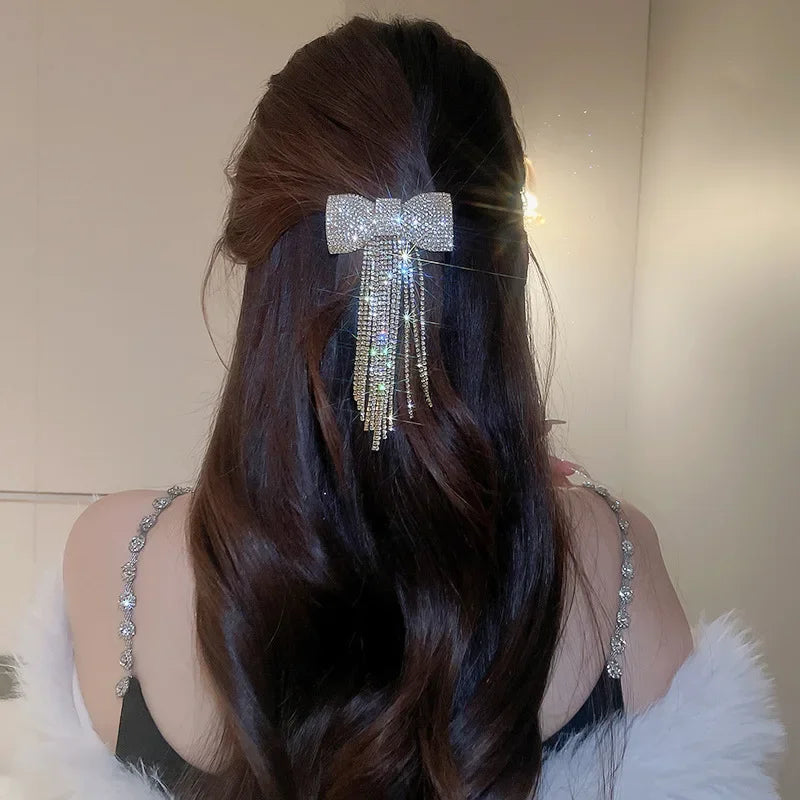 Rhinestone Bow Fringe Hairpin for Women Fashion Temperament Hair Clip Korean Light Luxury Hair Accessories Gold Silver Color