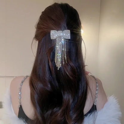 Rhinestone Bow Fringe Hairpin for Women Fashion Temperament Hair Clip Korean Light Luxury Hair Accessories Gold Silver Color
