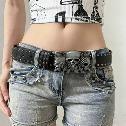 Women's Punk Skull Belt Harajuku Gothic Y2K Rivets Skeleton Hand Decoration Belt Men Girls Leather Belt Halloween Accessories