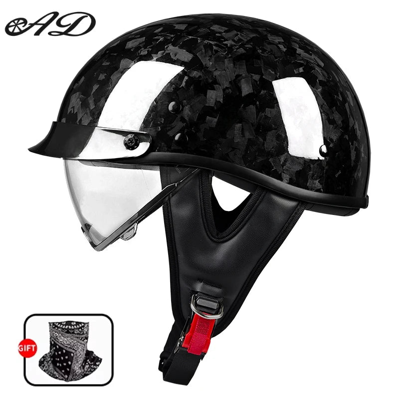    Best Seller Carbon Fiber Retro Motorcycle Half Face Helmet with Comfortable Lining Protective Goggles Helmet Factory Wholesale