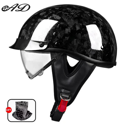    Best Seller Carbon Fiber Retro Motorcycle Half Face Helmet with Comfortable Lining Protective Goggles Helmet Factory Wholesale