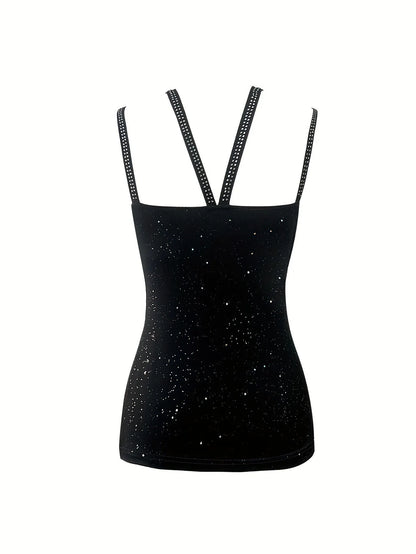 Women's Fashion Tank Top Camisole Glitter Rhinestone V-Neck Cami Tops Cross Strap Vest Female Night Club Wear Summer New Clothes