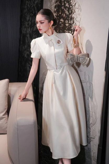 ZJYT Sweet Pink Bow Collar Dress for Women Short Sleeve Midi Formal Party Aline Vestidos Elegant Spring Summer Designer 2025 New