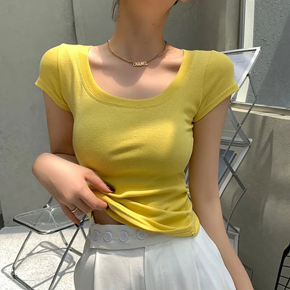 Cotton short sleeved women's T-shirt for summer, slim fit and slimming, versatile waist design, front shoulder, U-neck
