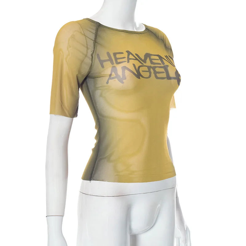 Y2K Letter Print Top See Through Graphic T Shirts For Women Clothing Short Sleeve Aesthetic Ropa De Mujer Skinny Sexy Streetwear