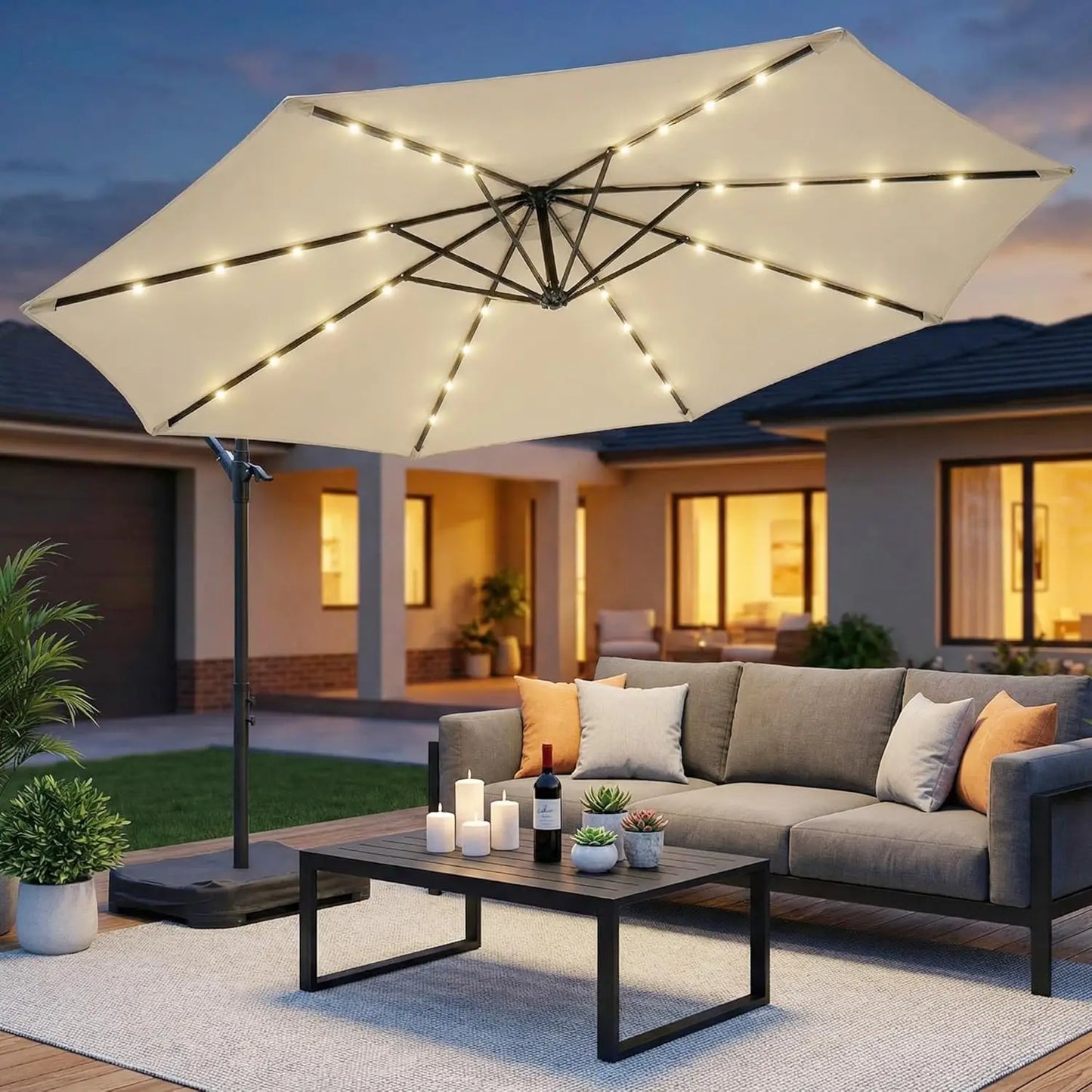 10ft Solar LED Patio Umbrella with Base, 32 LED Lighted Outdoor Offset Cantilever Umbrella with Sturdy 8 Rids, Customized