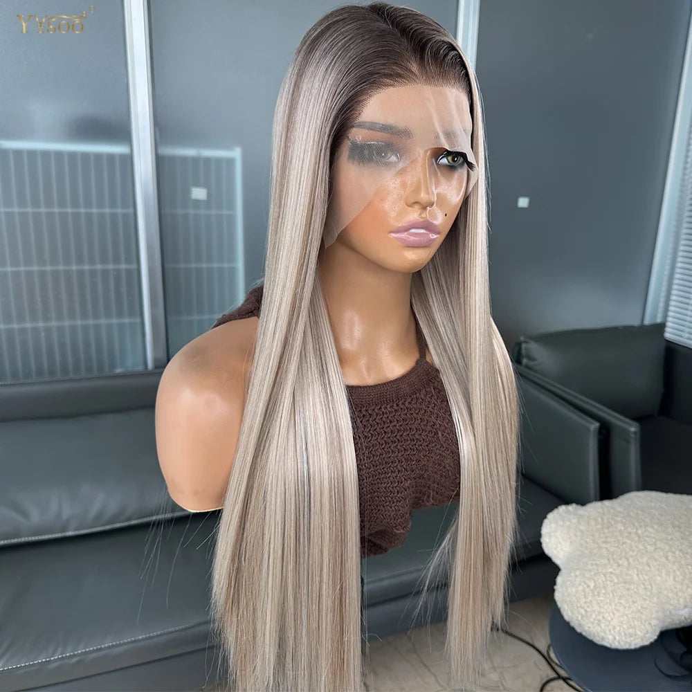 Long Heat Resistant 13x6 Synthetic Lace Front Wig Japan Futura Hair Ombre Highlights Silky Straight Hair Pre Plucked Hairline