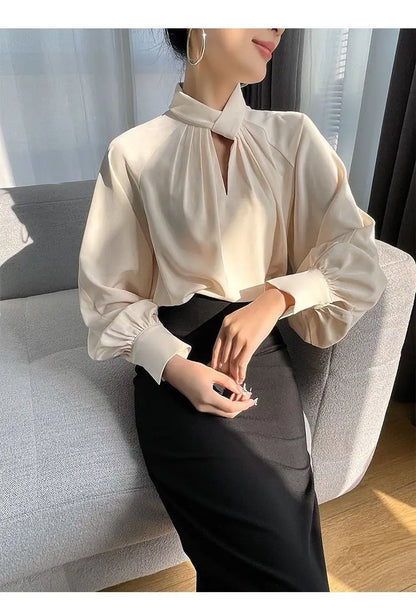 Office Lady Hollow Out Loose Shirt Tops Spring Autumn New Long Sleeve Elegant Solid Blouse Temperament Fashion Women Clothing