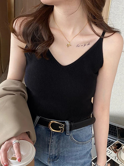 Korea Summer Tops 2026 New Solid V-Neck Elastic Knitted Suspender Camis Women's Tanks Clothing Basics Shirt