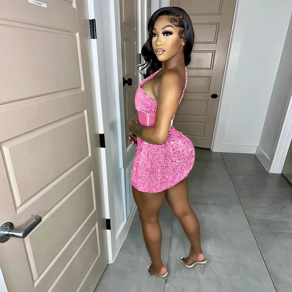 HLJ Fashion Sequin Splicing Hollow One Shoulder Party Club Mini Dresses Women Sleeveless Backless Slim Vestidos Sexy Clothing