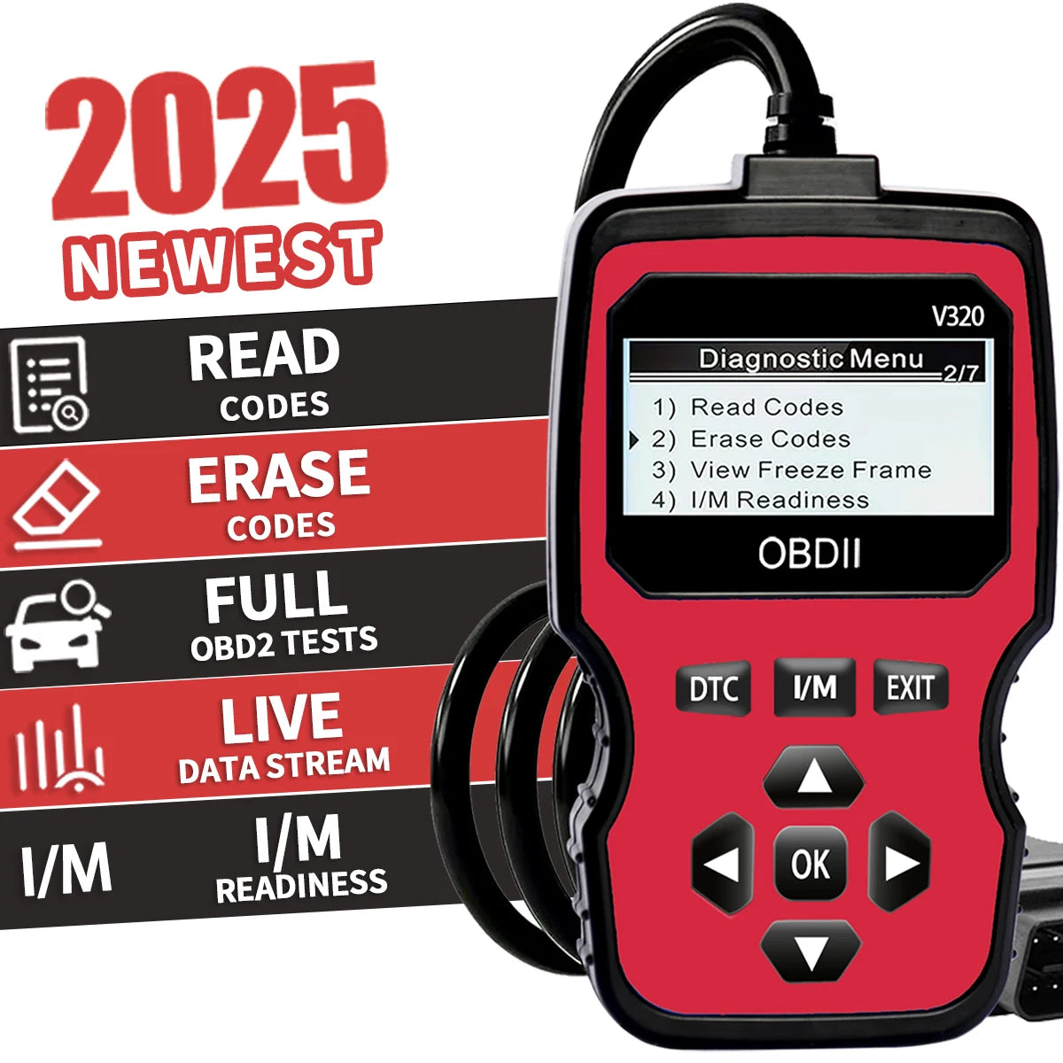 Obd2 Diagnostic Scanner Tool - Engine Fault Code Reader for All Cars since 1996, with Real-Time Data Stream, Battery Test, and Code Erasure