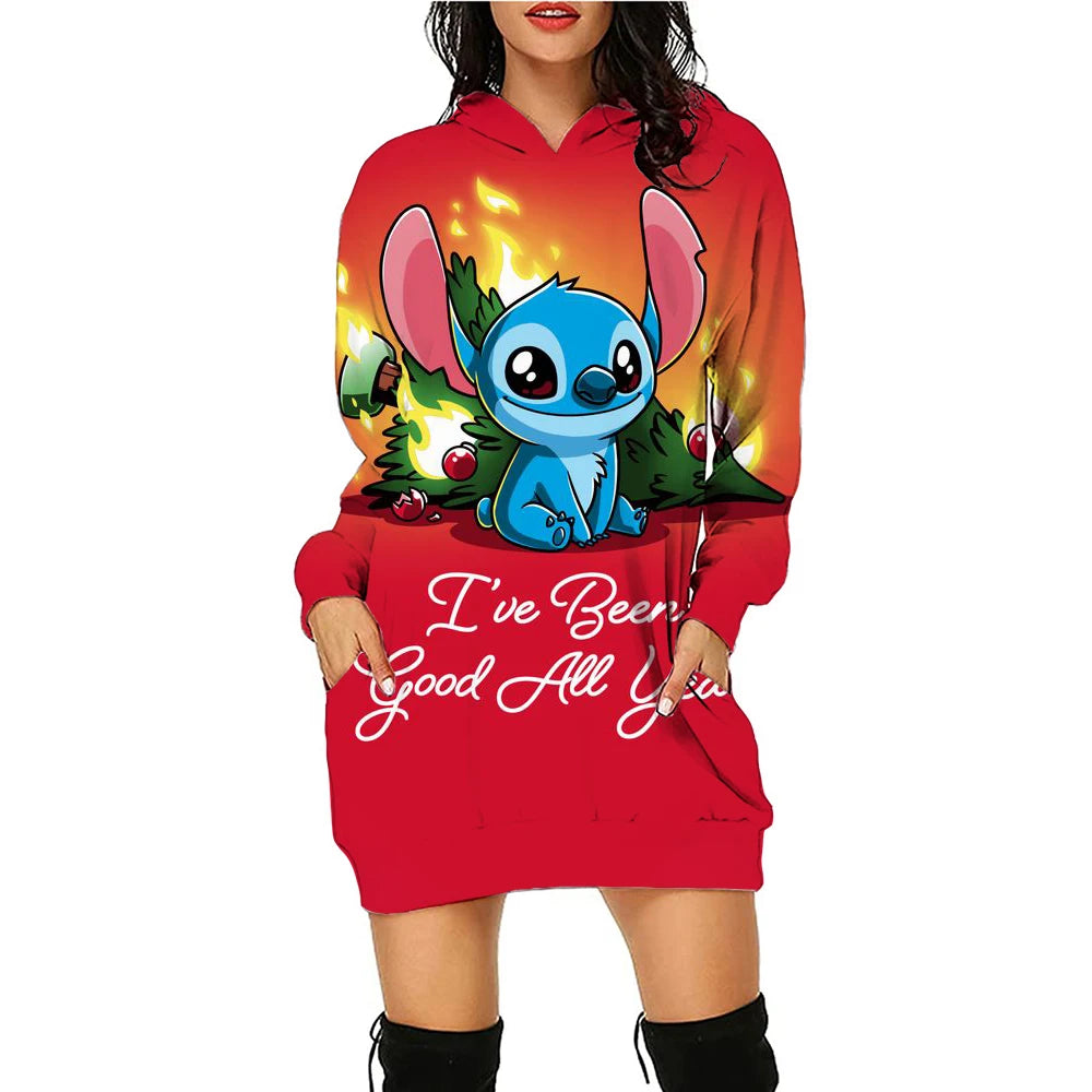 Christmas Disney Brand Stitch Cartoon Long Hoodie Autumn New Mini Sexy Long Sleeved Dress Korean Fashion Elegant Ladies Party