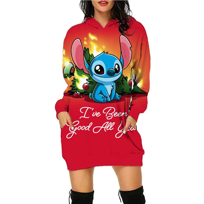 Christmas Disney Brand Stitch Cartoon Long Hoodie Autumn New Mini Sexy Long Sleeved Dress Korean Fashion Elegant Ladies Party