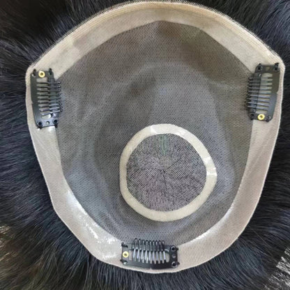 Men Toupee 100% Human Hair Mono Base 6 Inch Length PU Perimeter Lace Interior With Clips Fully Ventilated Natural Black Wig