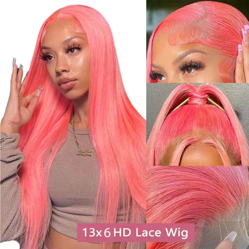 Pink Straight Human Hair Wigs 13X6 13X4 Hd Lace Frontal Wigs 200 Density 32 Inch Brazilian Transparent Lace Front wig Preplucked