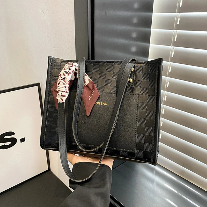 Patchwork Contrast Color Handbag Women's Casual Fashion Tote Bag Large Capacity Single Shoulder Bag Women's Silk Scarf Bag