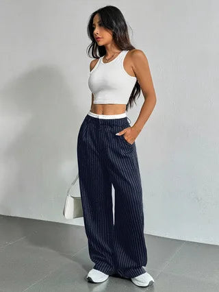 Fashion Pants Women's Stripe Straight Pants 2024 Autumn Winter High Waisted Casual Suit Pants Office Lady Women Trousers Bottoms