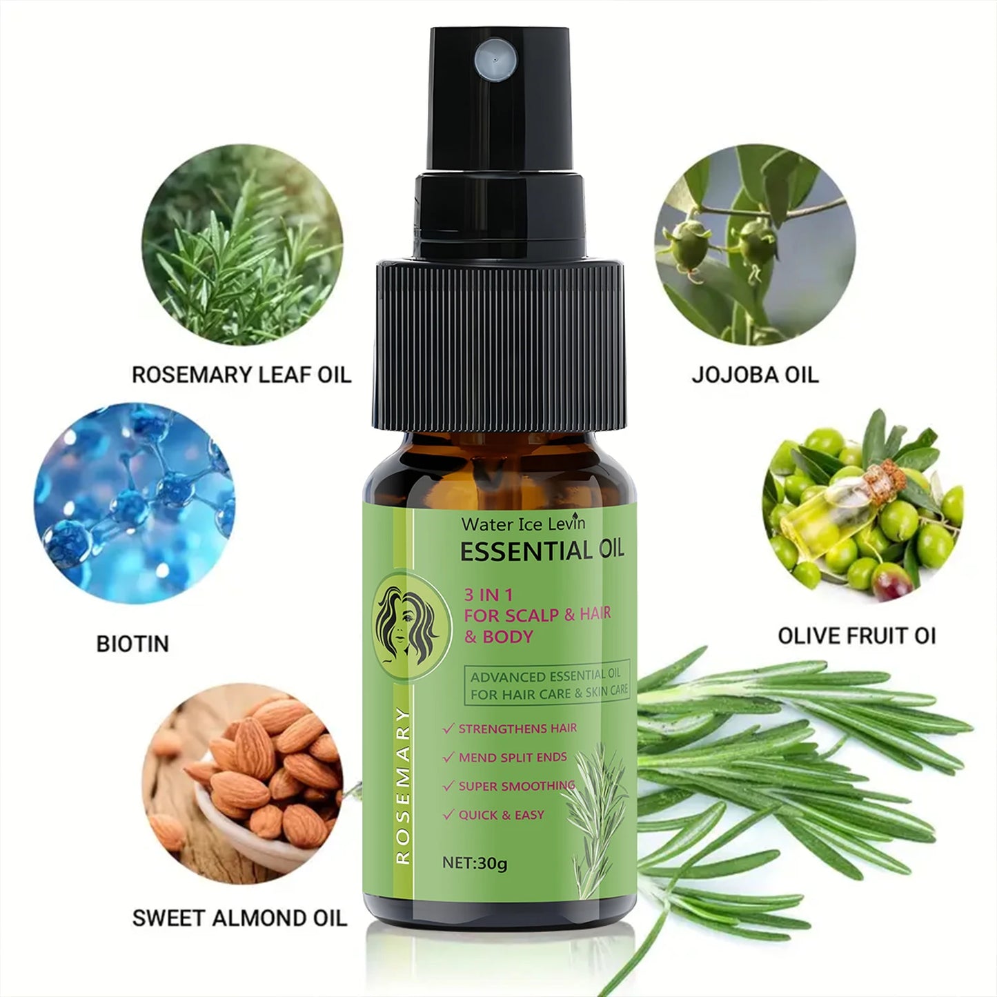 Rosemary 3-in-1 Essential Oil for Hair & Scalp - Strengthens & Smooths, Frizz Control, Winter Nourishment, Fast Absorption