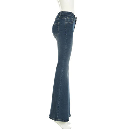Flare Pants Jeans Women Embroidery Boot Cut Low Waist Washed Distressed Pockets Floor Length Streetwear 2025 Denim Trousers