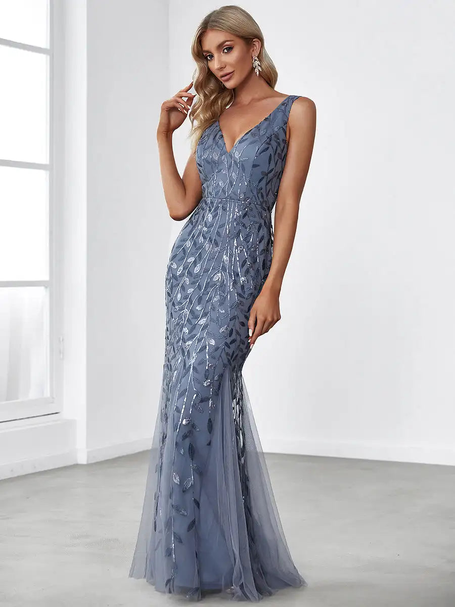 BAZIIINGAAA Party Dress Sexy Double V-Neck Sequin Mermaid Maxi Dresses For Evening Evening Dress